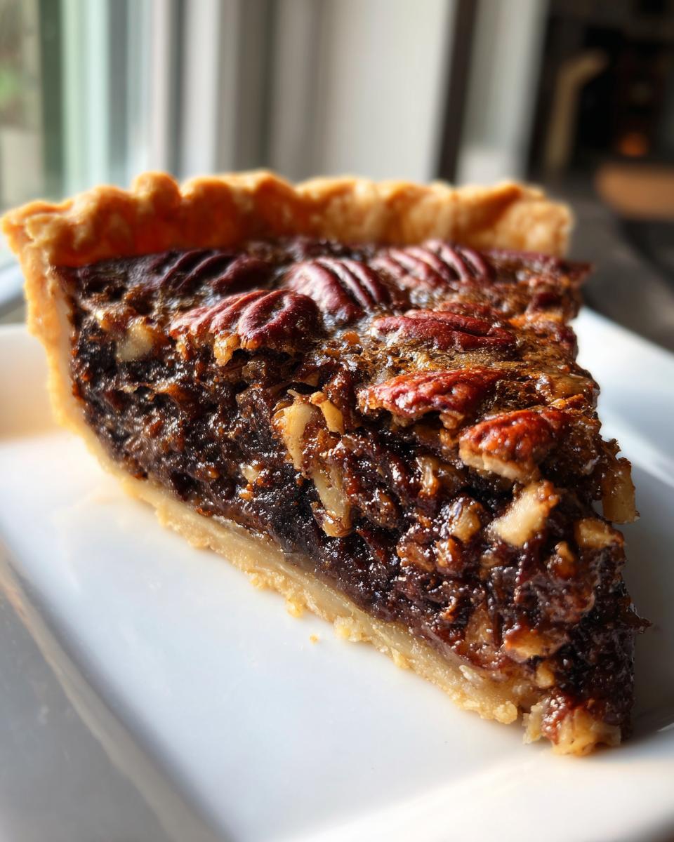 A close-up shot of a rich slice of chocolate bourbon pecan pie showing the flaky crust and gooey, nutty filling.