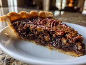 A close-up, featured shot of a rich slice of chocolate bourbon pecan pie resting on a white plate.