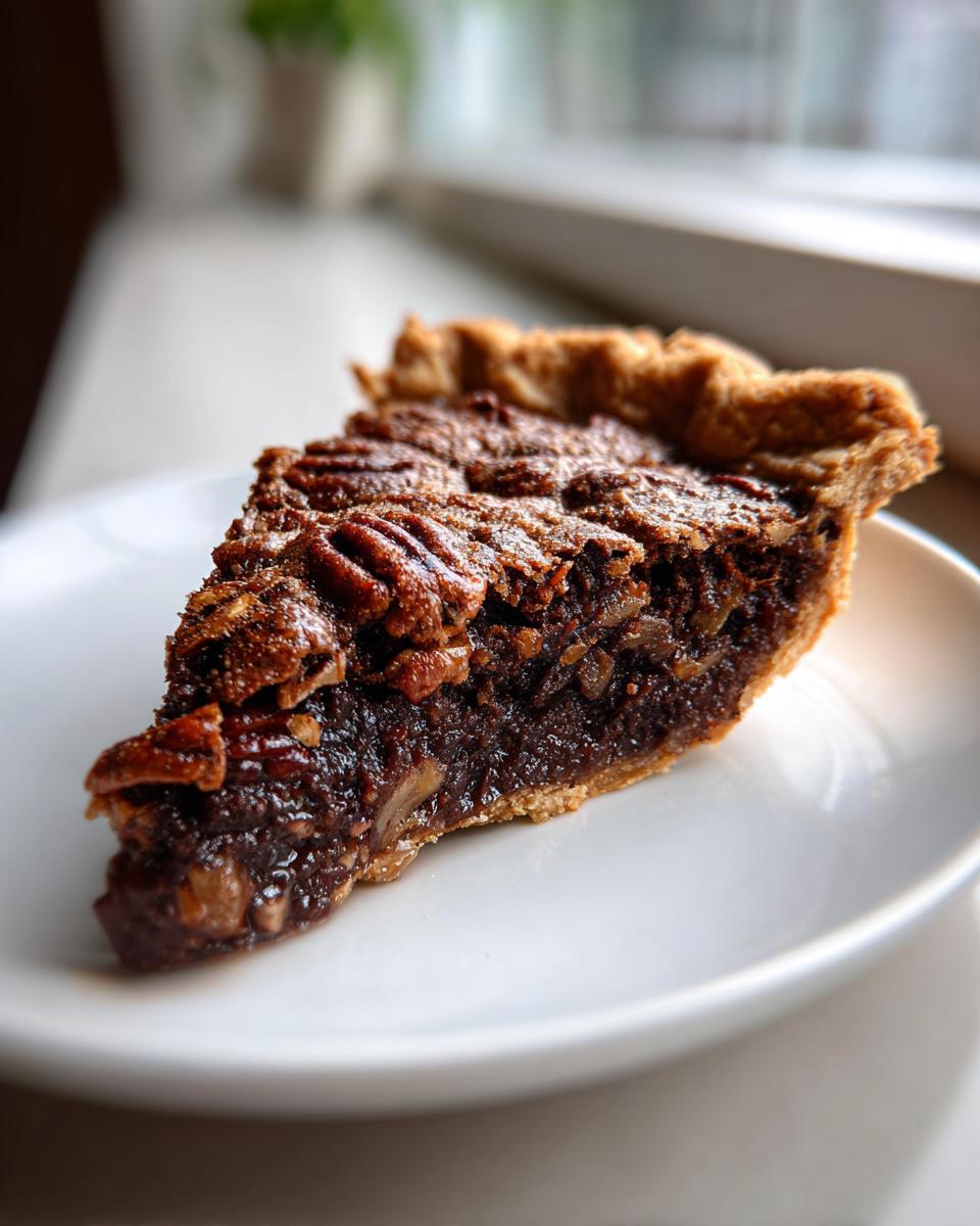 A close-up of a rich slice of chocolate bourbon pecan pie with a flaky crust, sitting on a white plate.