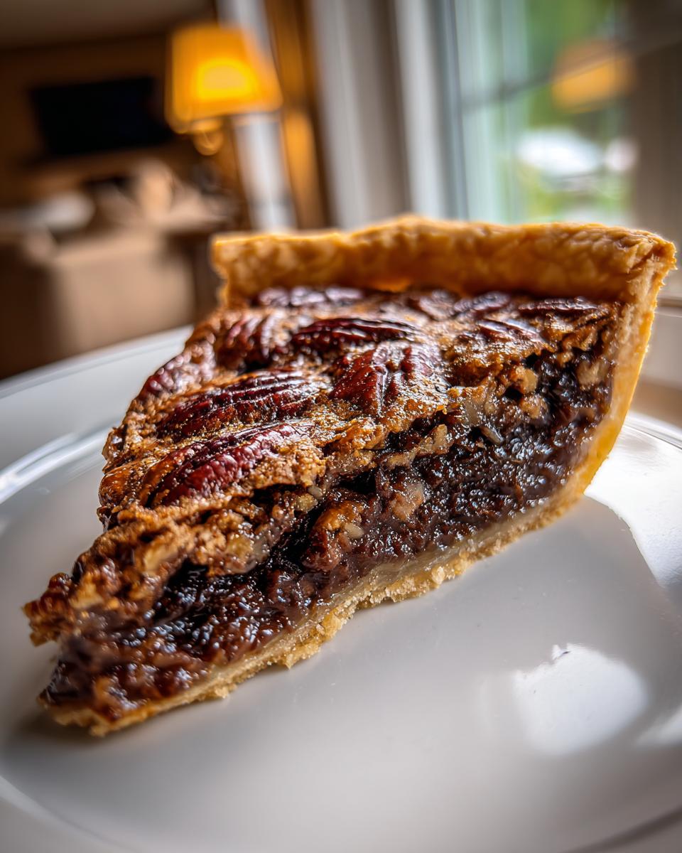 Close-up of a perfect slice of chocolate bourbon pecan pie showing the gooey filling and pecan topping on a white plate.