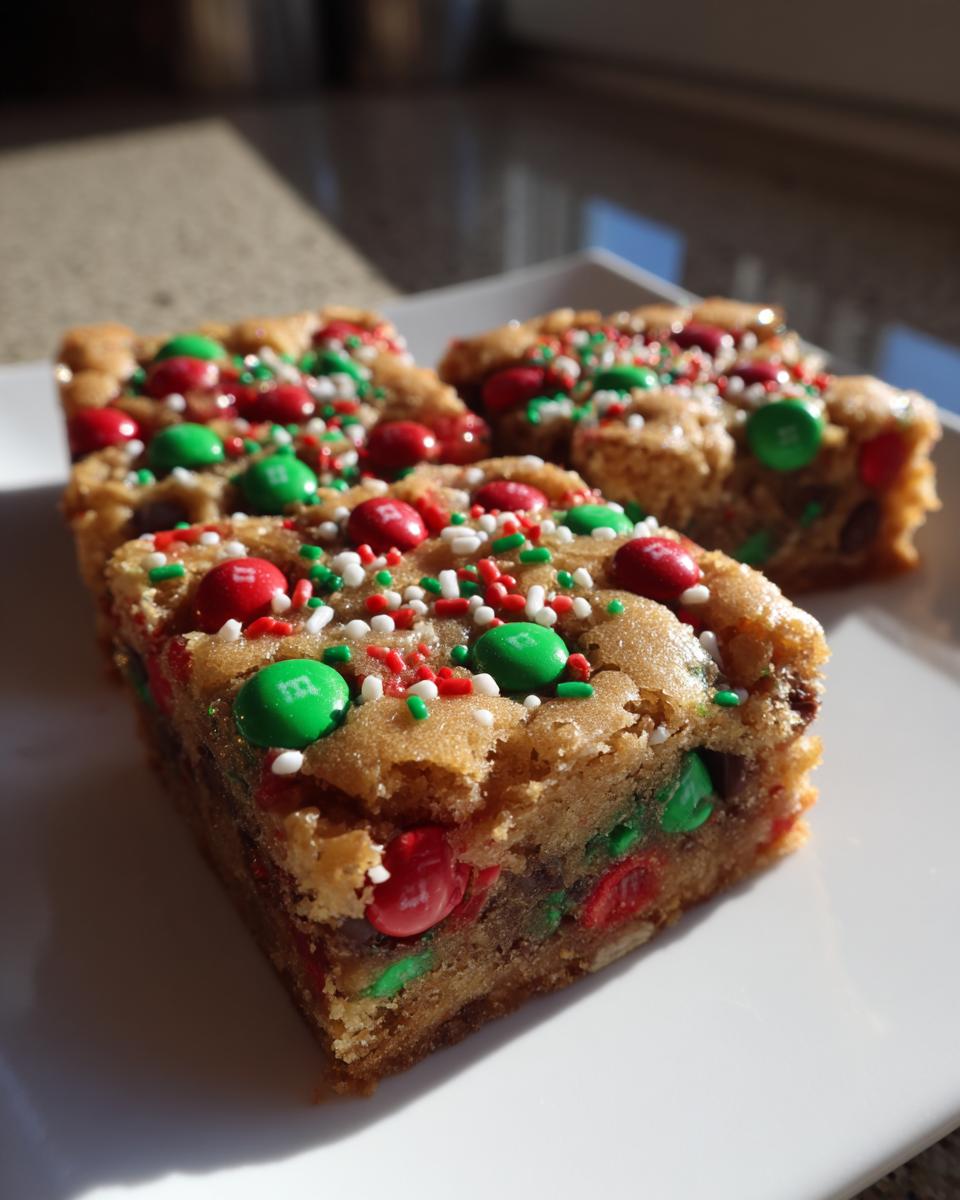 Three thick, chewy christmas cookie bars topped with red and green M&Ms and festive sprinkles.