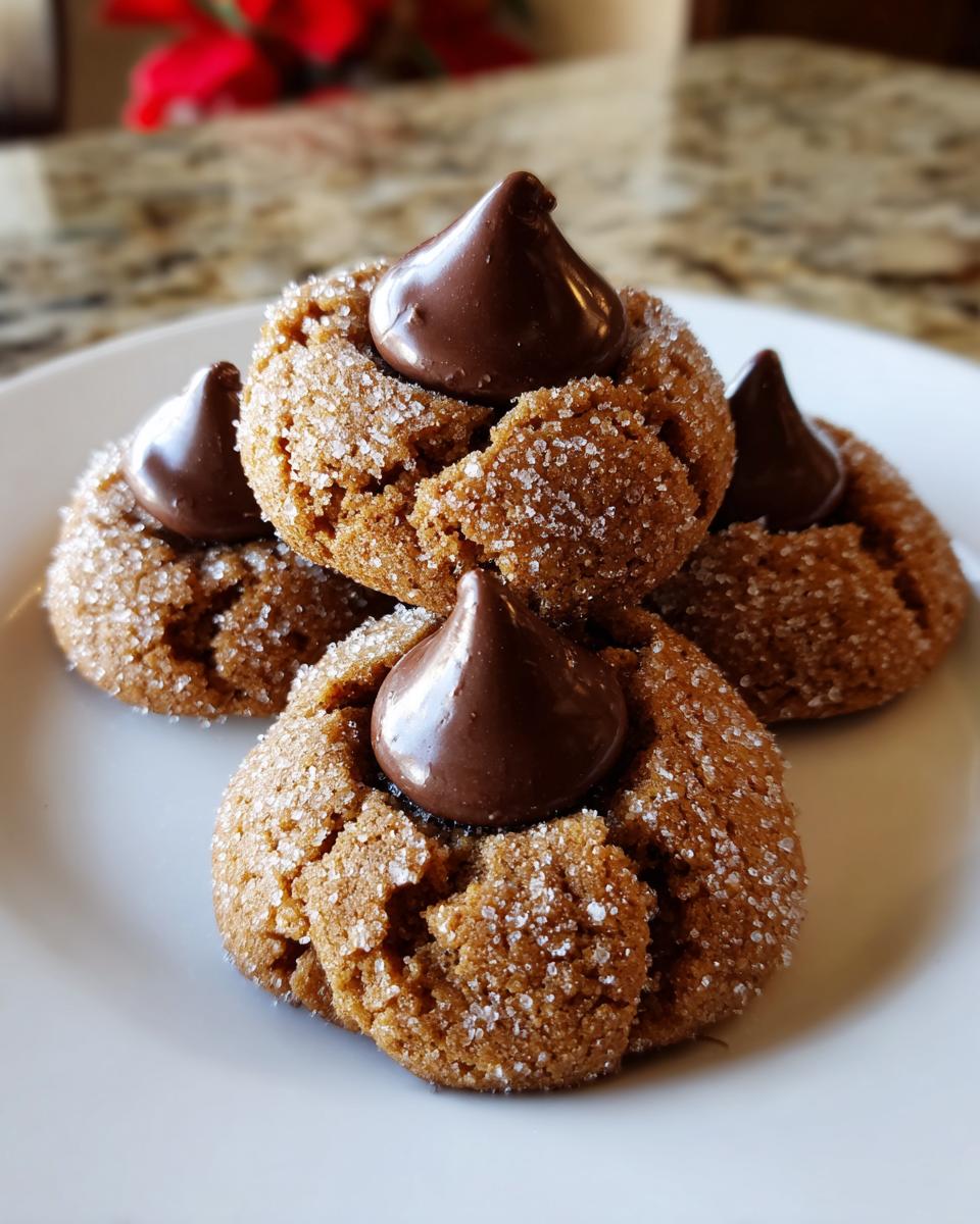 Four soft peanut butter blossom cookies, rolled in sugar and topped with a chocolate kiss, stacked on a white plate.