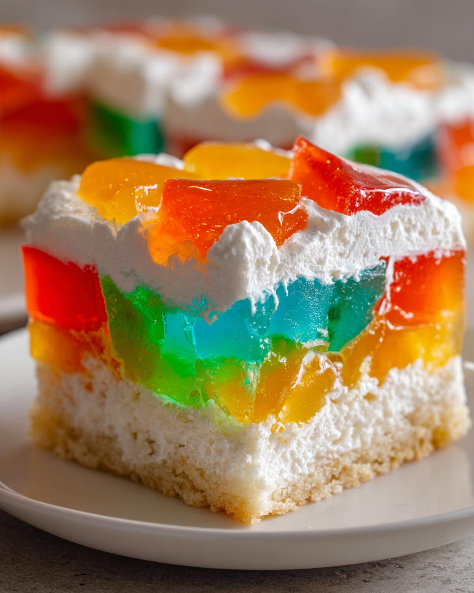 A close-up of a square slice of vibrant jello poke cake featuring layers of colorful gelatin cubes, white cake, and whipped cream topping.