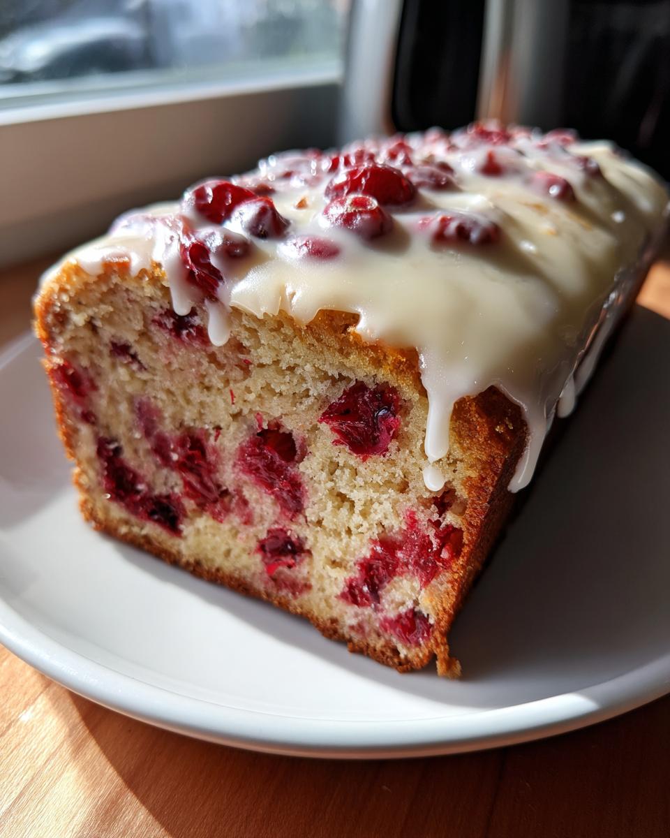 A close-up of a freshly baked cranberry orange bread loaf topped with white glaze and whole cranberries.