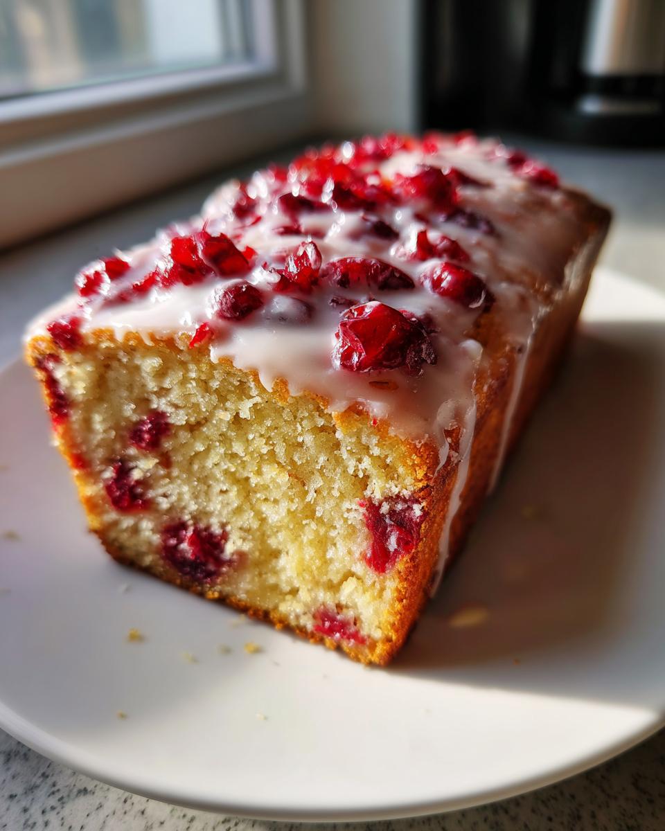 A close-up of a moist slice of cranberry orange bread topped with white glaze and dried cranberries.