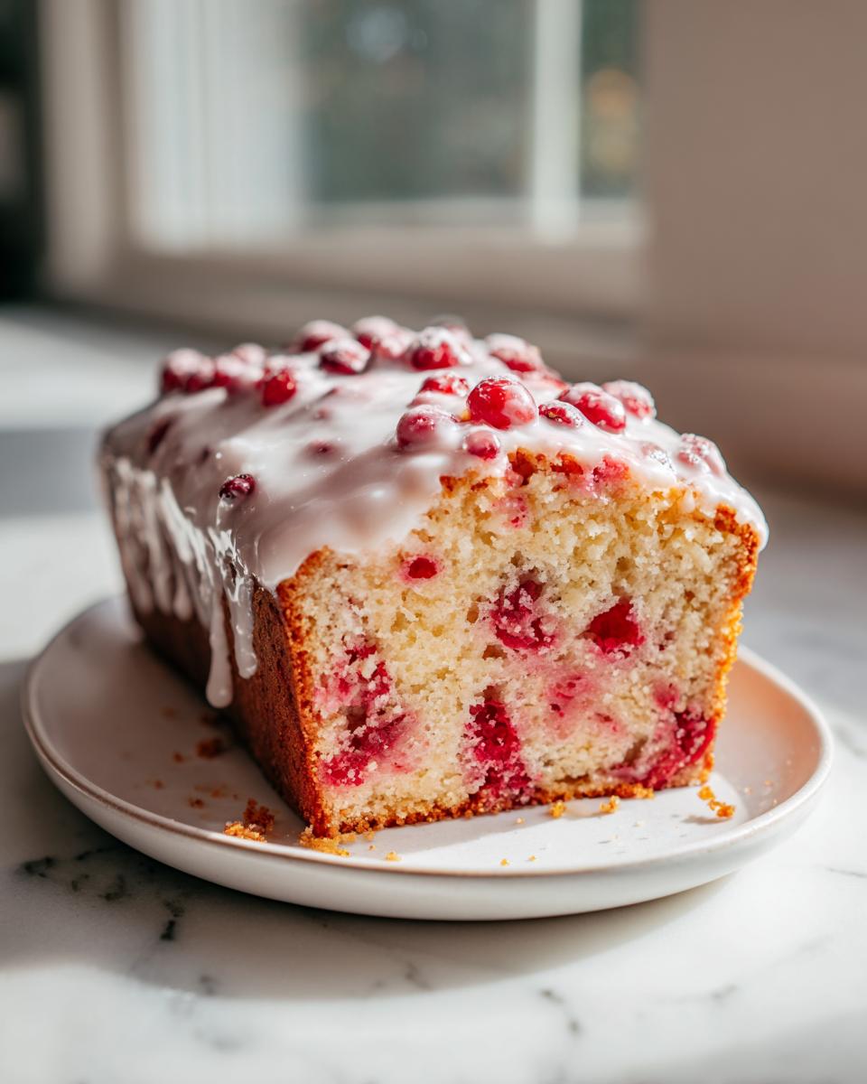 A slice of ultra moist cranberry orange bread topped with white glaze and fresh cranberries.