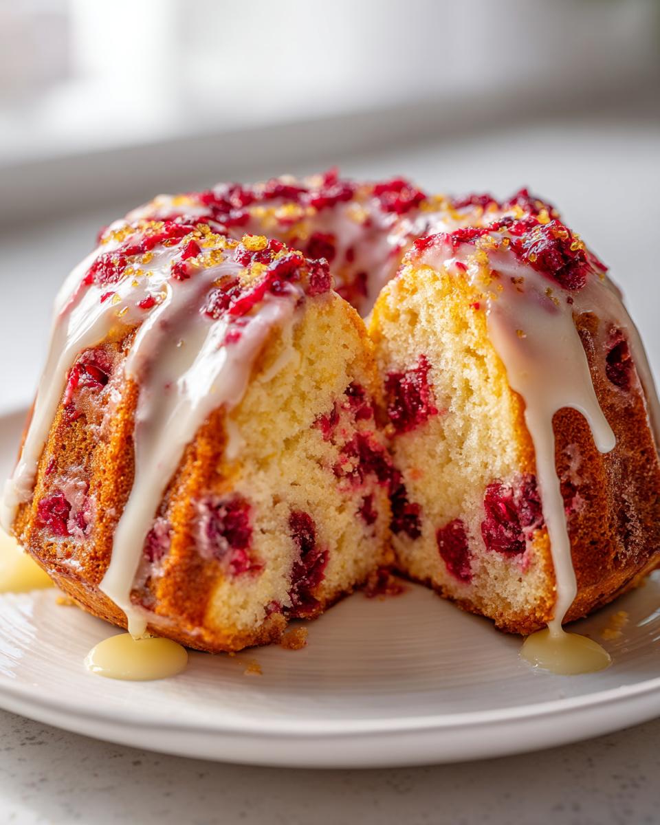 A slice cut from a moist cranberry orange cake, drizzled with white glaze and topped with cranberries.