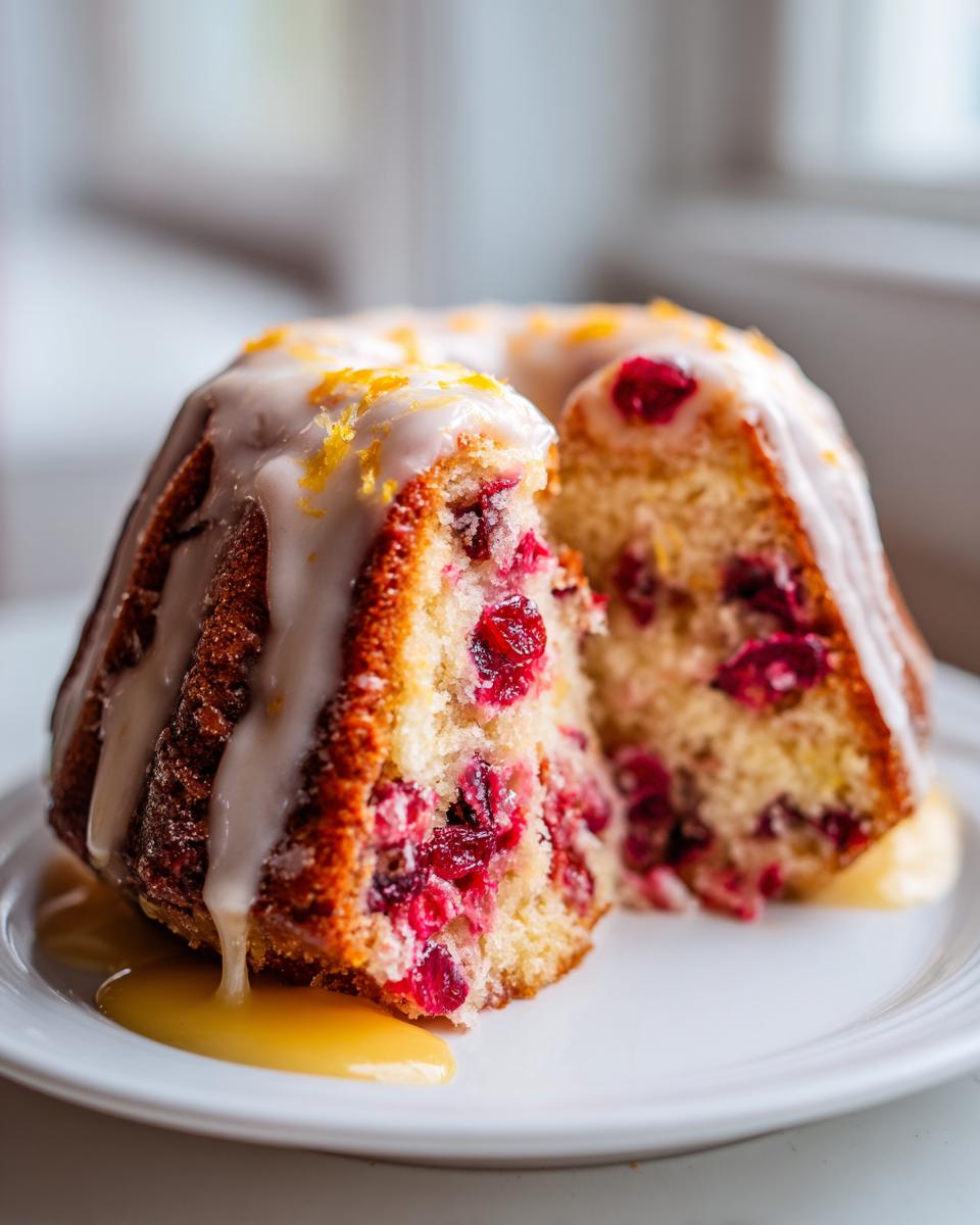 A moist slice cut from a cranberry orange cake, drizzled with white glaze and orange zest, sitting on a white plate.