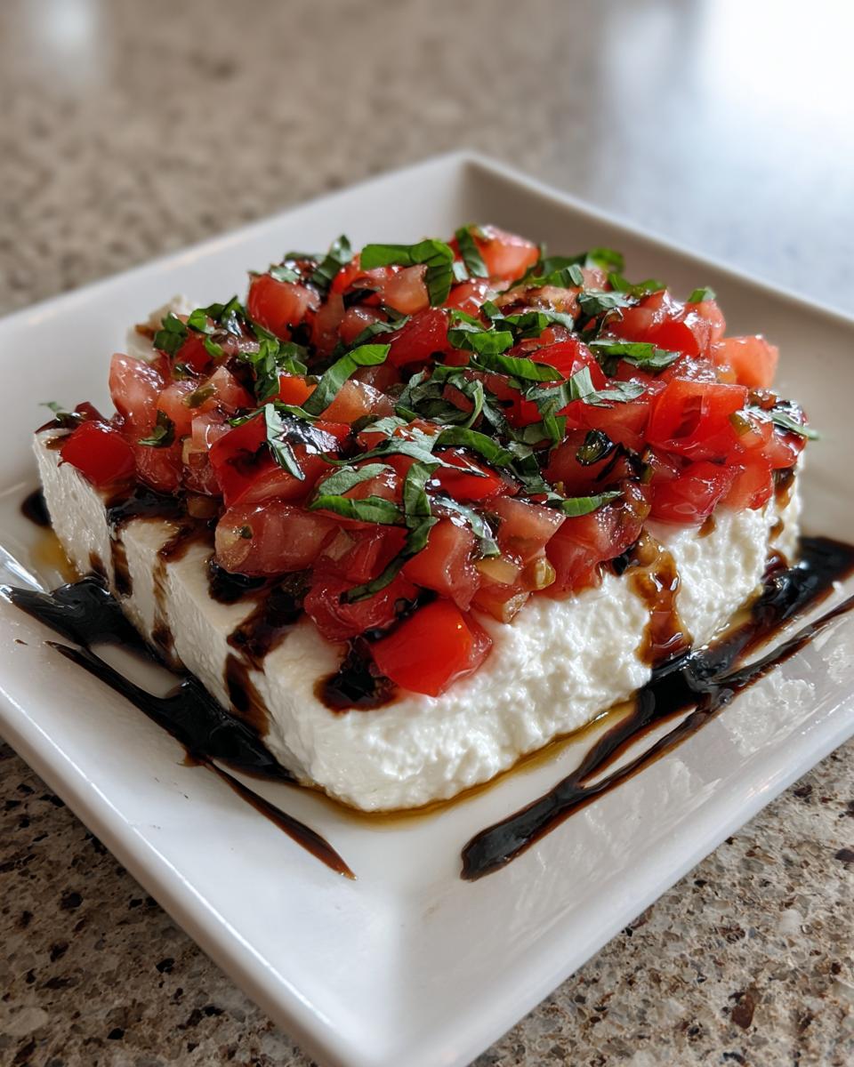 A block of cream cheese topped with fresh tomato bruschetta mix and drizzled with balsamic glaze, representing the bruschetta dip.