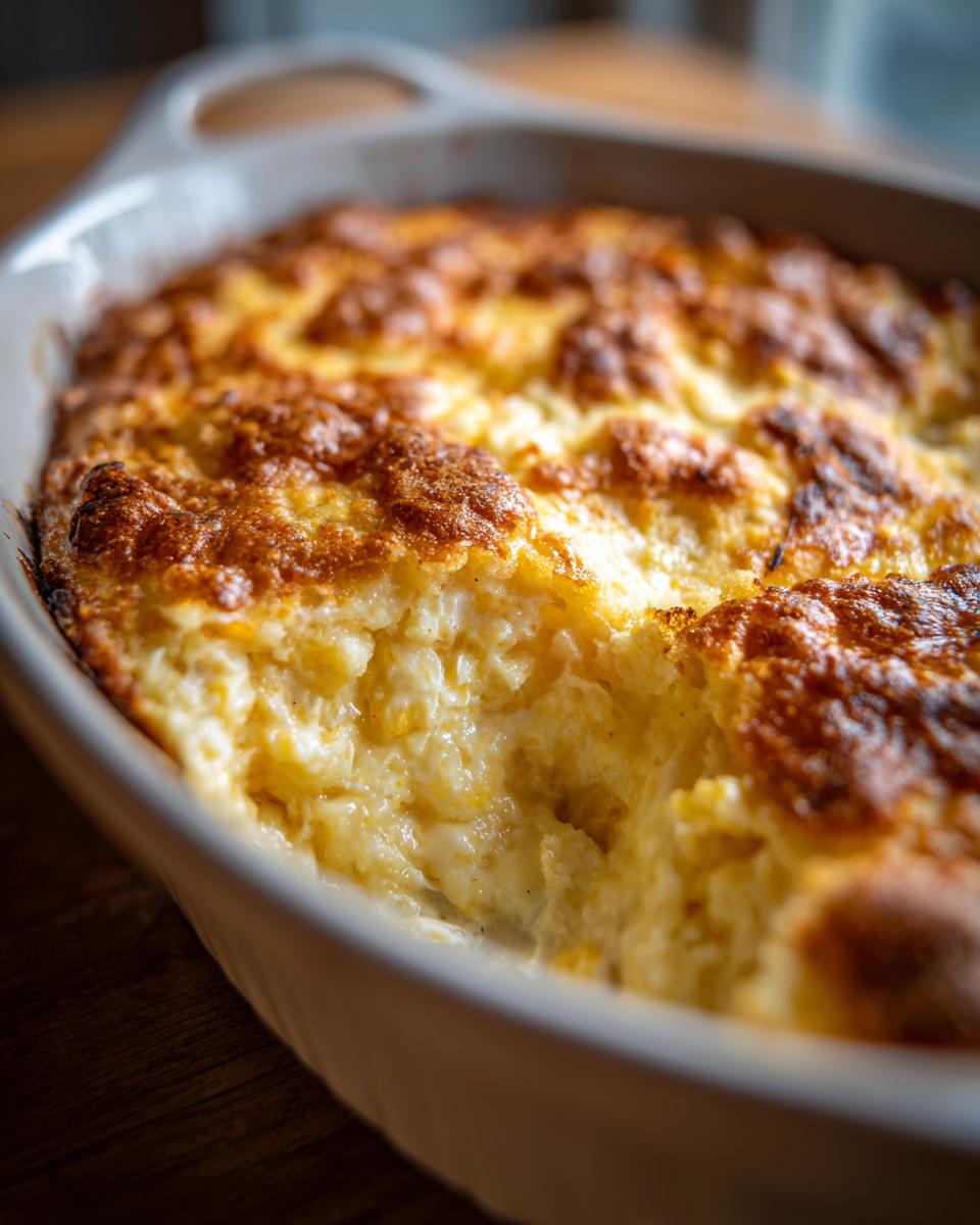 Close-up of a golden-brown baked cream cheese corn casserole scooped out in a white oval baking dish.