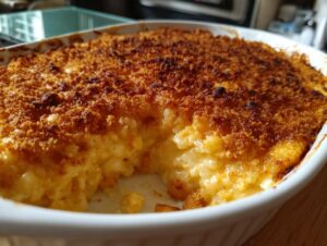 Close-up of a baked cream cheese corn casserole in a white dish, showing a rich, golden, crunchy topping.