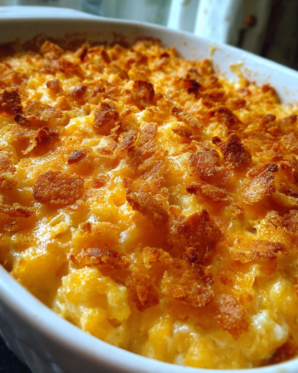 Close-up of baked cream cheese corn casserole with a bubbly, cheesy interior and a crispy, golden cornflake topping.