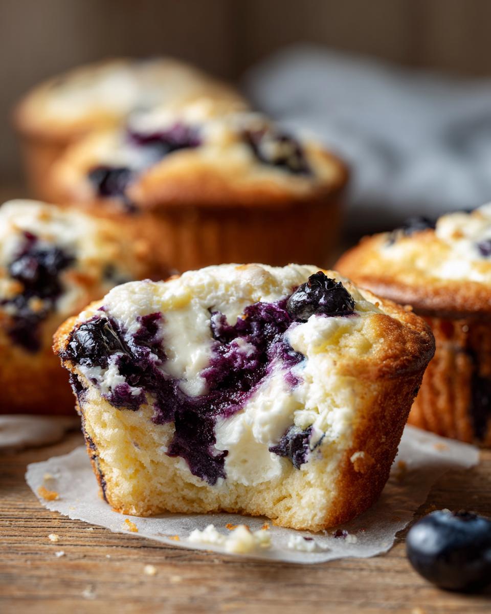A close-up of a cream cheese muffins cut in half, showing the rich, white cream cheese filling swirled with dark blueberries.