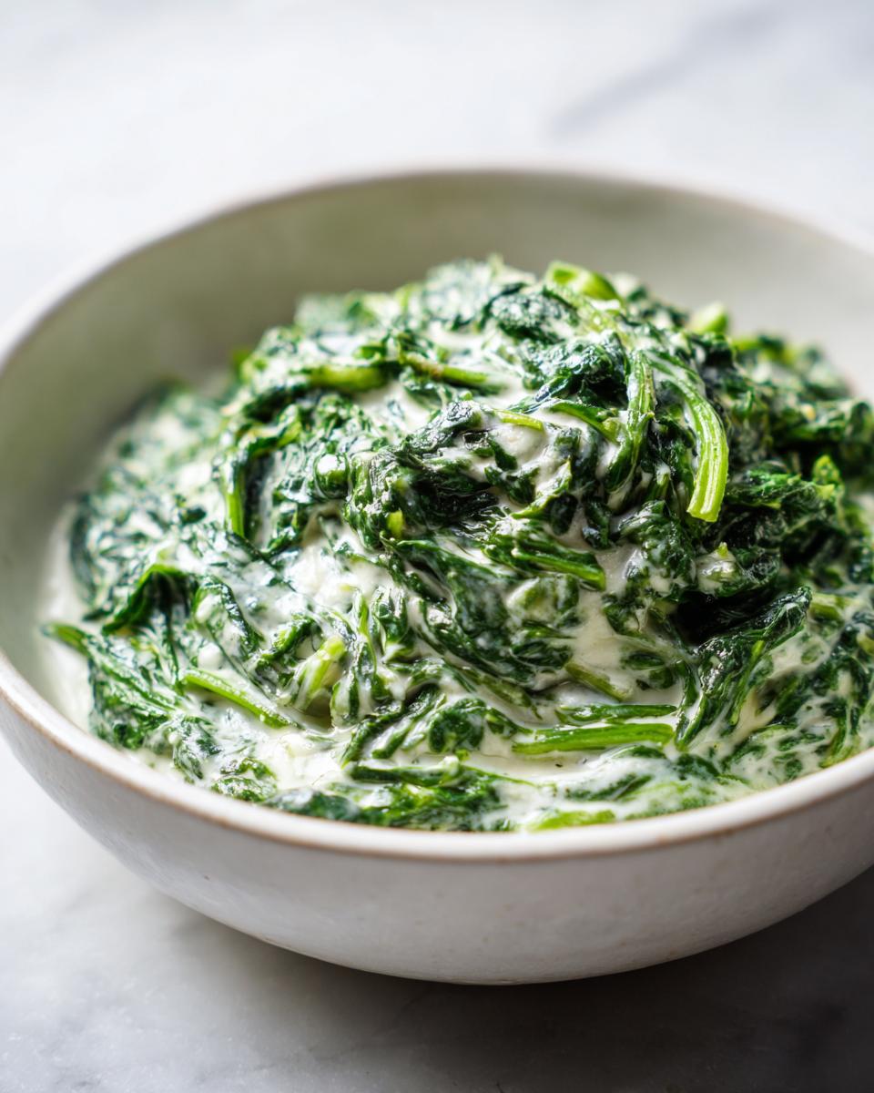 A close-up view of a white bowl filled with rich, vibrant green creamed spinach recipe.