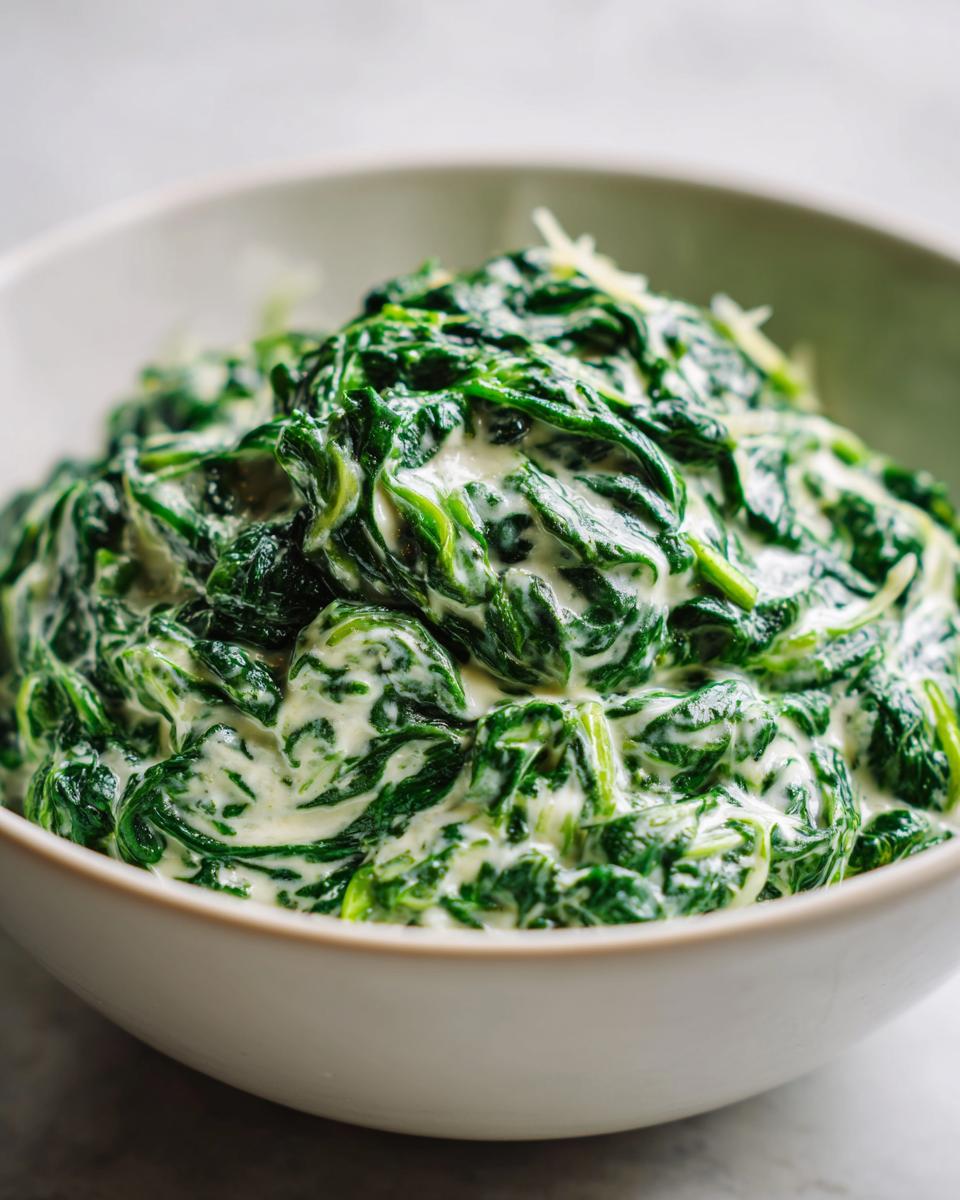 A close-up view of vibrant green spinach coated in a rich, creamy white sauce, ready to serve as a creamed spinach recipe.