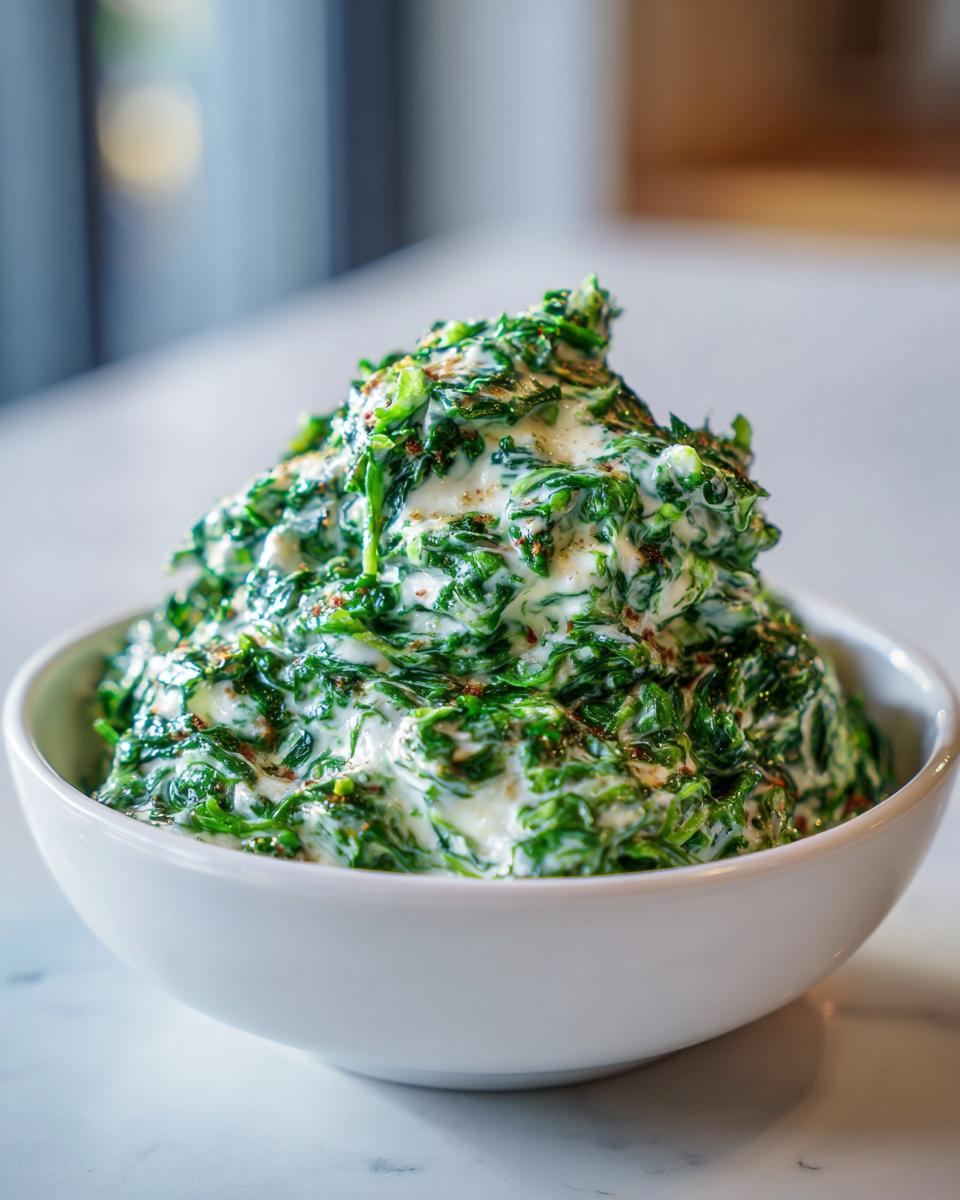 A generous serving of rich, vibrant green creamed spinach recipe piled high in a white bowl.