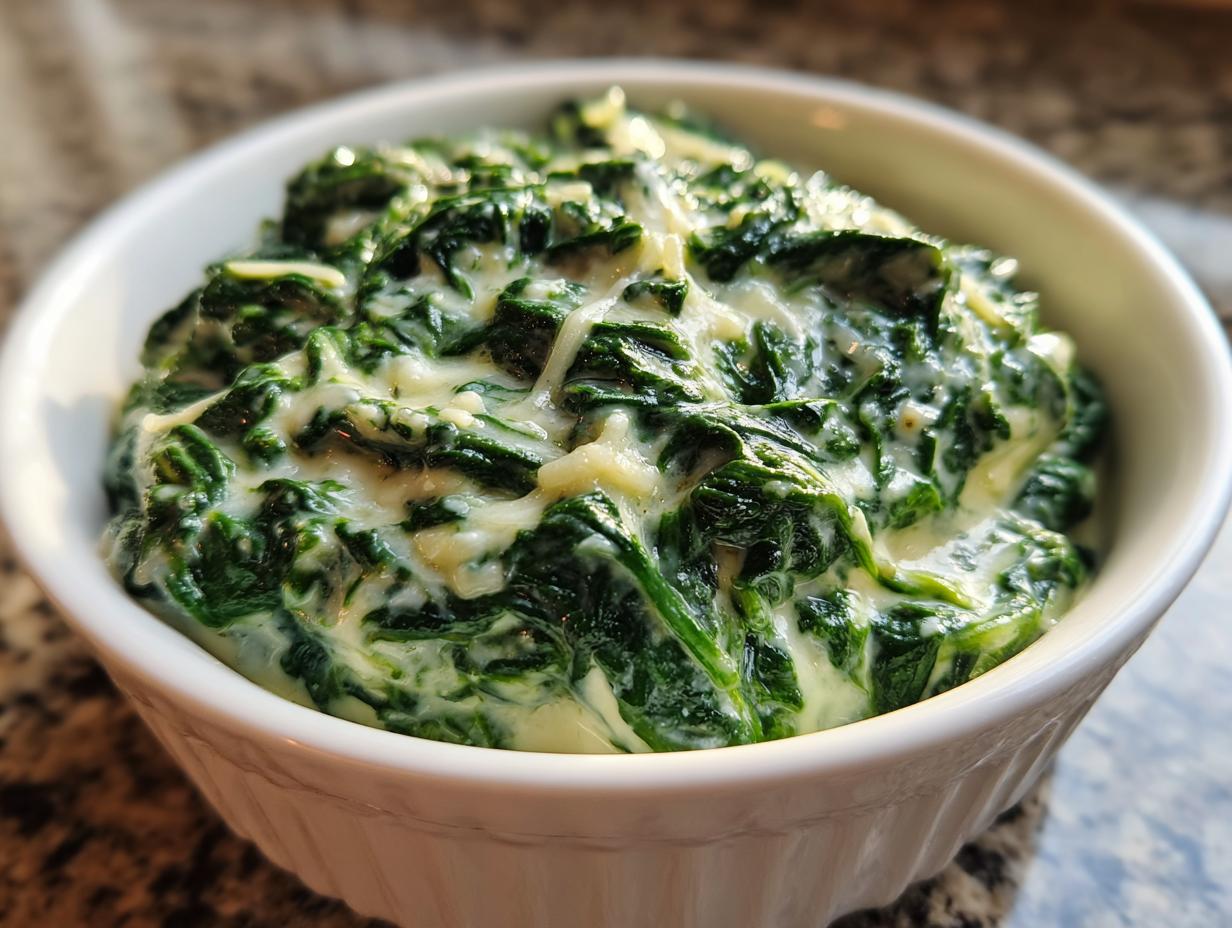 Close-up of a white bowl filled with rich, homemade creamed spinach recipe, showing vibrant green spinach coated in a creamy white sauce.