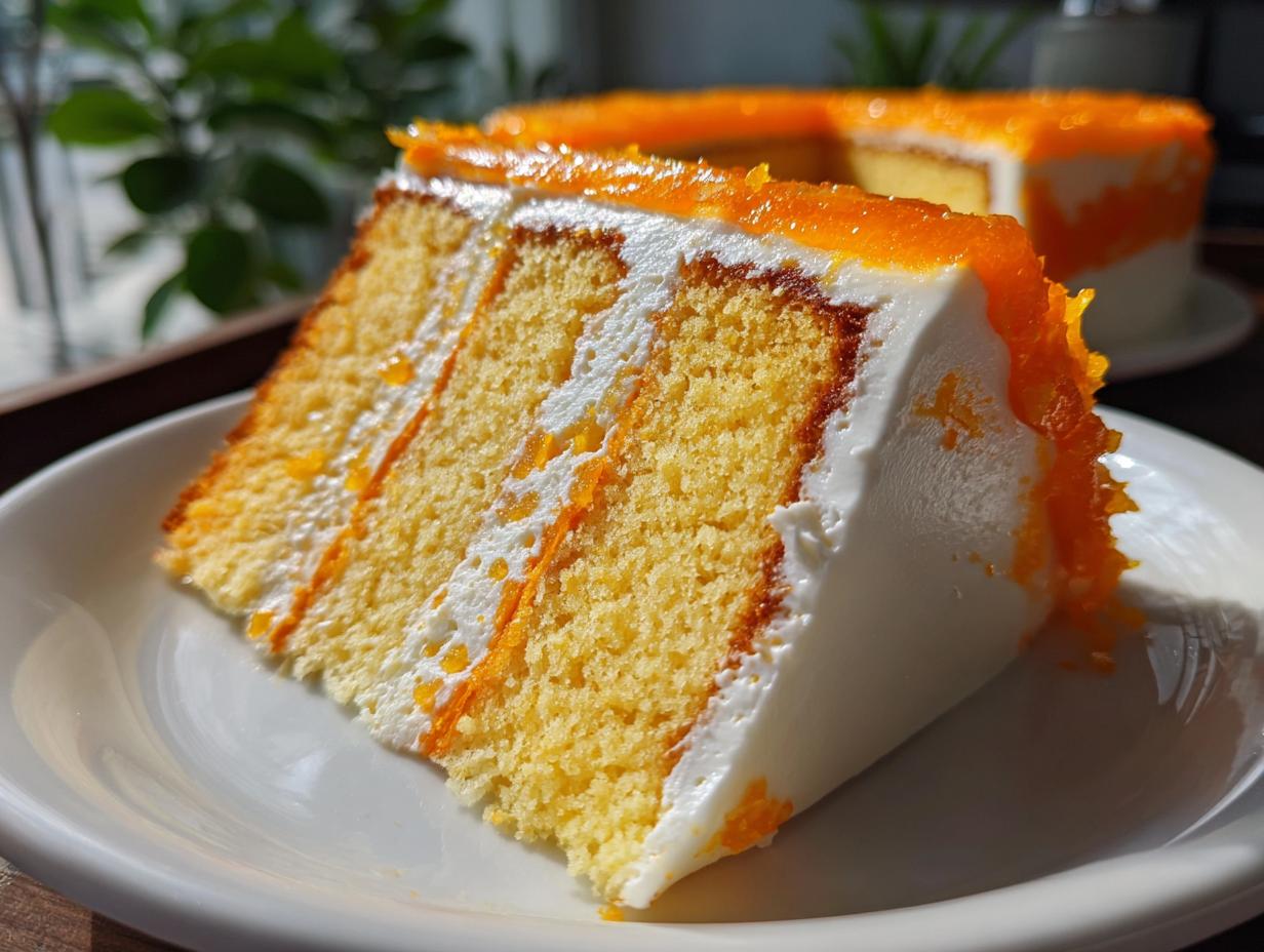 A close-up slice of layered Creamsicle Cake showing yellow sponge, white frosting, and bright orange topping.