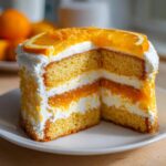 A delicious slice of Creamsicle Cake showing layers of orange sponge, white cream, and orange filling, topped with an orange slice.