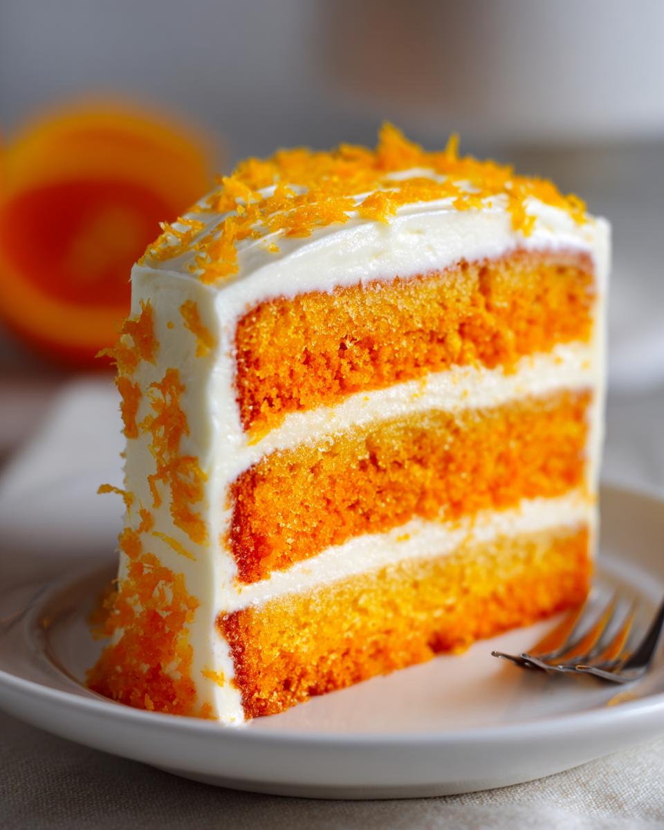 A tall slice of vibrant orange Creamsicle Cake layered with white frosting and topped with orange zest.