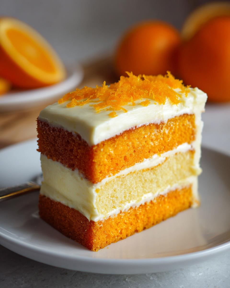 A close-up of a slice of Creamsicle Cake showing three layers: two orange cake layers and one vanilla layer, topped with white frosting and orange zest.