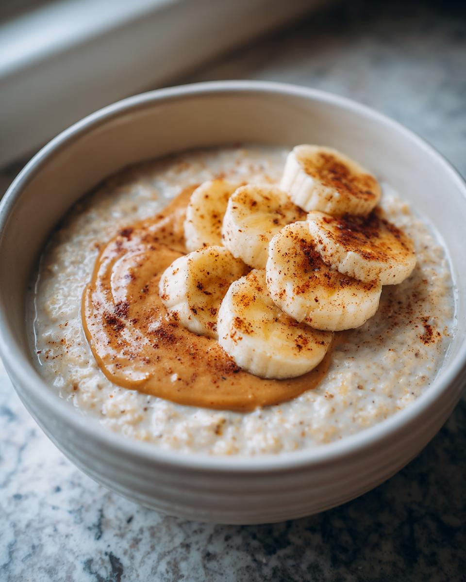 A close-up of creamy banana oatmeal topped with a swirl of peanut butter, sliced bananas, and a sprinkle of cinnamon.