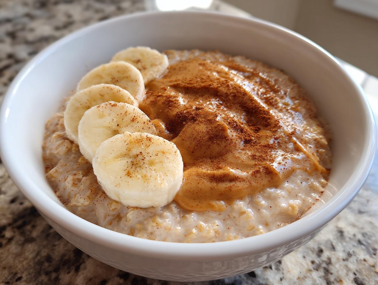 A close-up of creamy banana oatmeal topped with a swirl of peanut butter, sliced bananas, and a sprinkle of cinnamon.