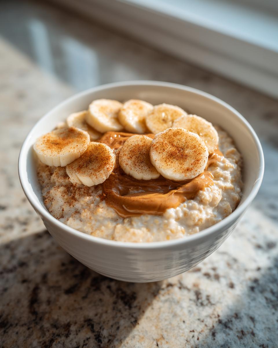 A close-up of creamy banana oatmeal topped with peanut butter, sliced bananas, and a sprinkle of cinnamon.