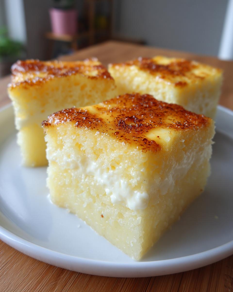 Three square slices of creamy cassava cake with a caramelized, torched topping served on a white plate.
