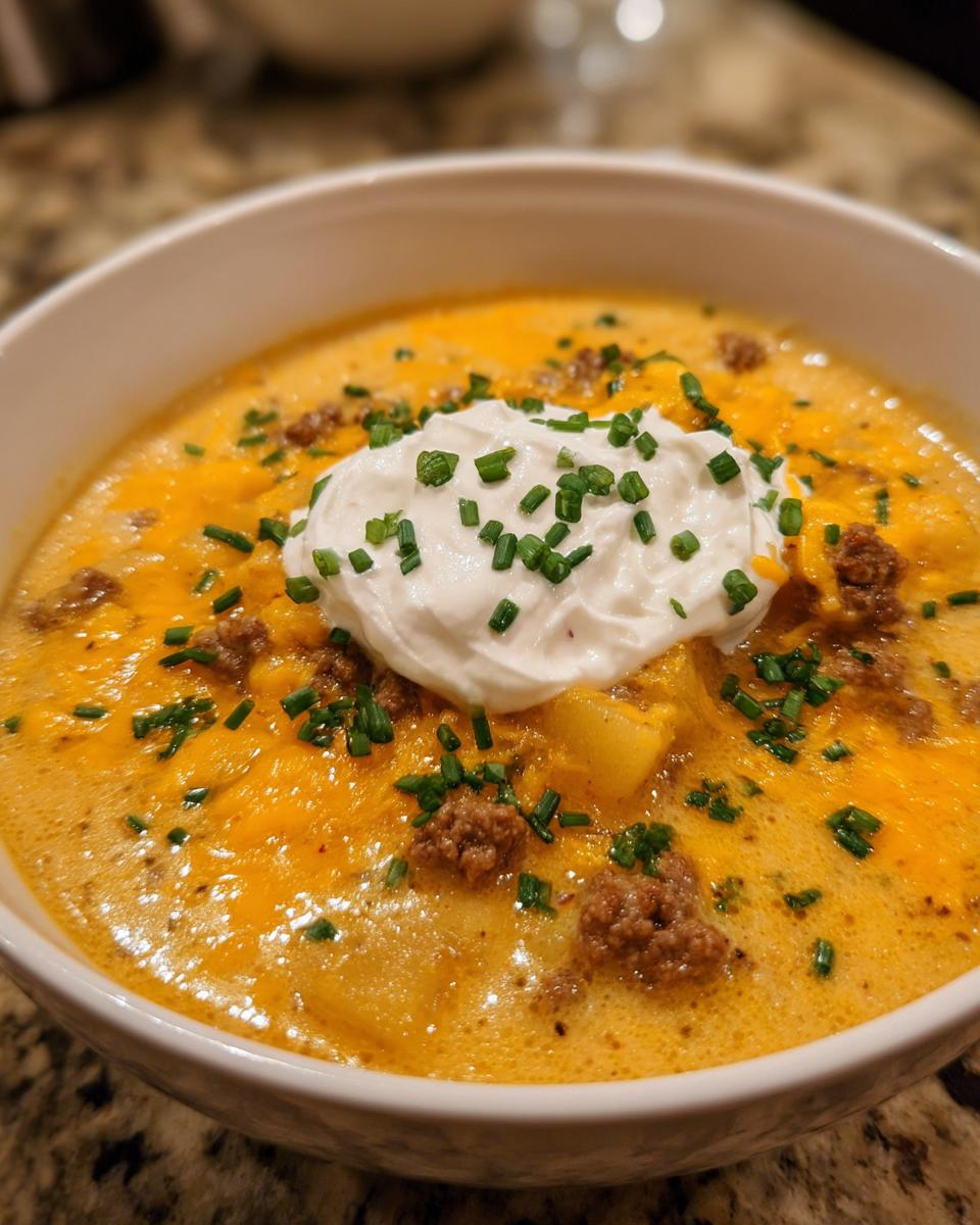 A close-up of a bowl of rich, orange creamy cheeseburger soup topped with ground beef, melted cheese, sour cream, and fresh chives.