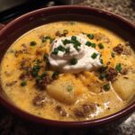 A close-up of a bowl of creamy cheeseburger soup, featuring ground beef, potatoes, melted cheddar, and a dollop of sour cream with chives.