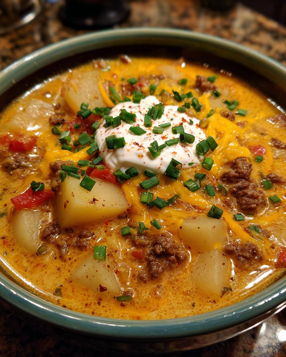 A close-up of creamy cheeseburger soup filled with ground beef, potatoes, melted cheddar, and topped with sour cream and fresh chives.