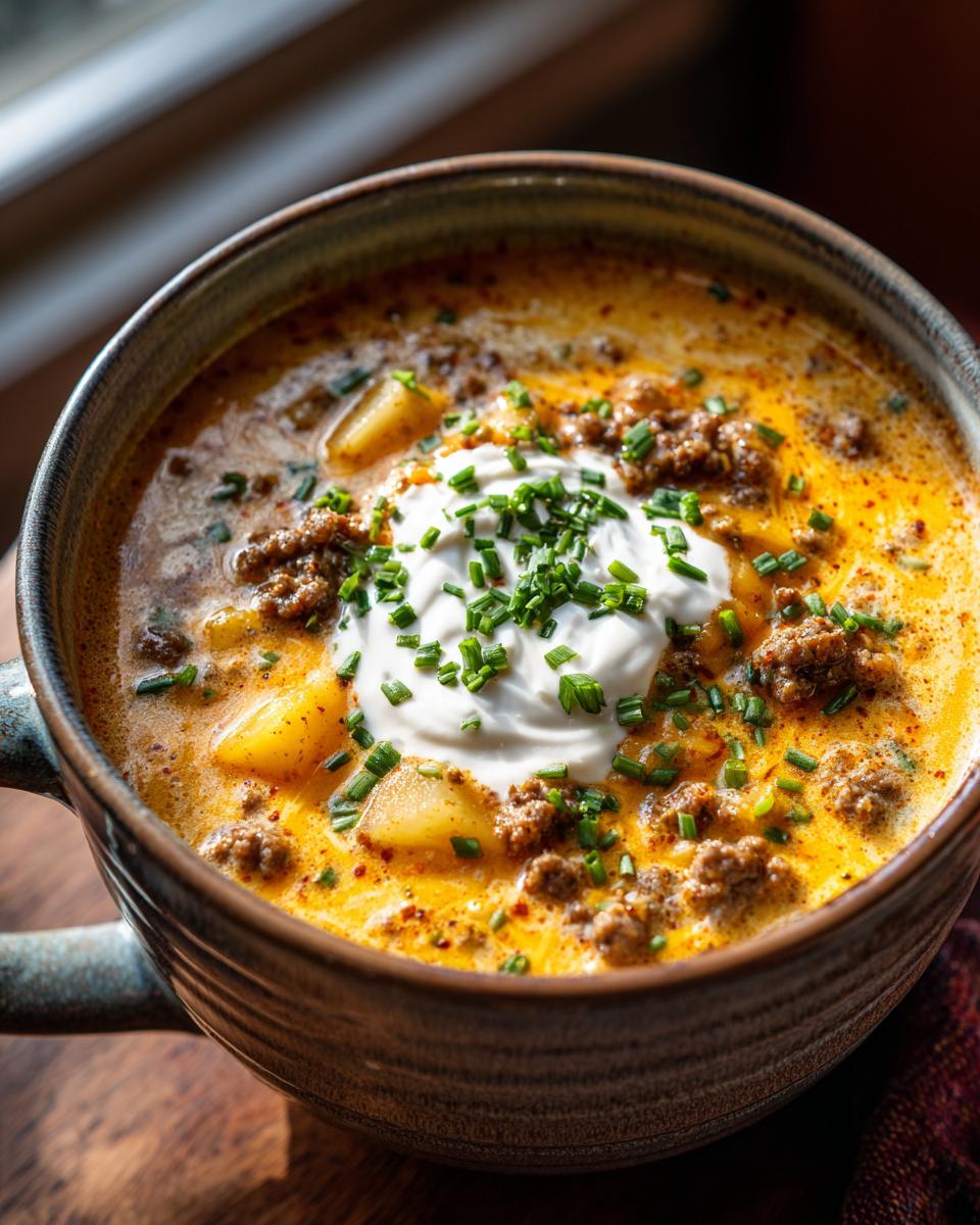 Close-up of a rich, creamy cheeseburger soup filled with ground beef and potatoes, topped with sour cream and fresh chives.
