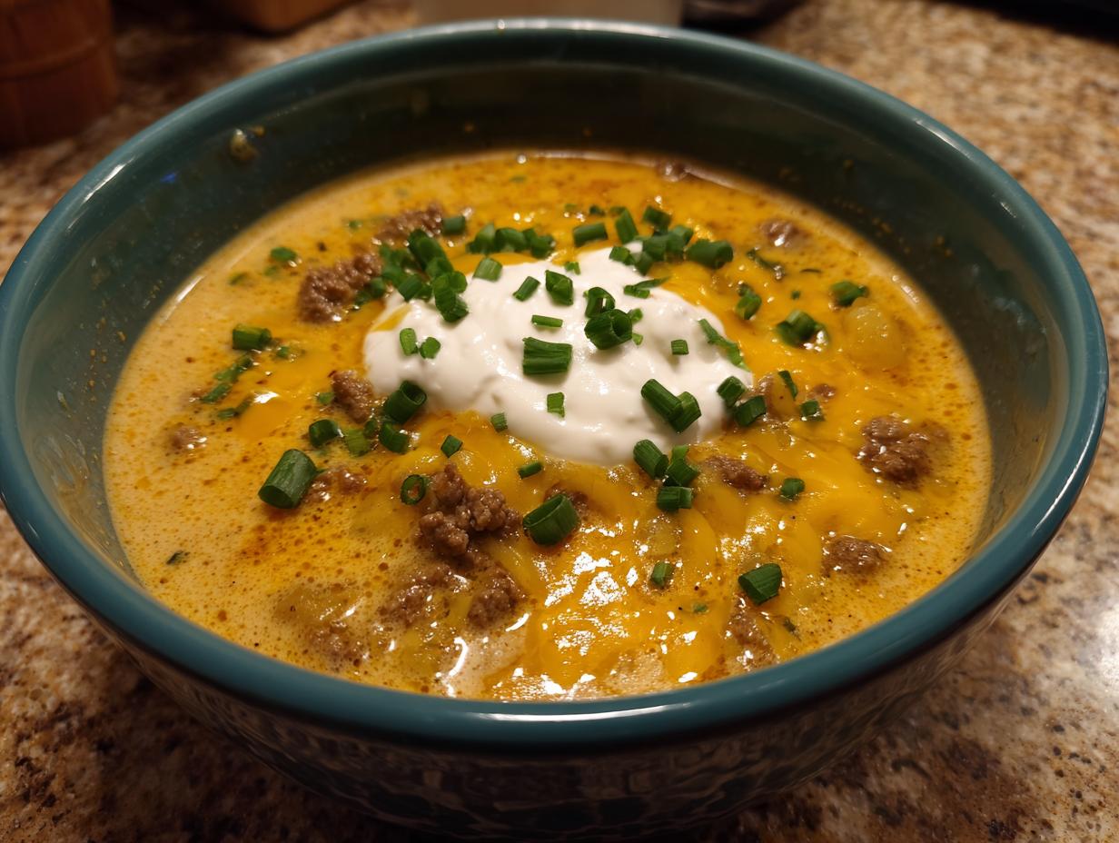 A close-up of a bowl of creamy cheeseburger soup, featuring ground beef, melted cheddar, and a dollop of sour cream topped with fresh chives.