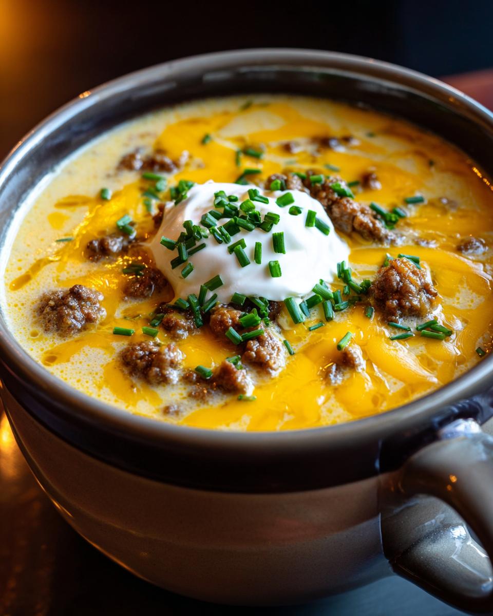Close-up of a bowl of creamy cheeseburger soup, featuring ground beef, melted cheddar cheese, and a dollop of sour cream topped with fresh chives.