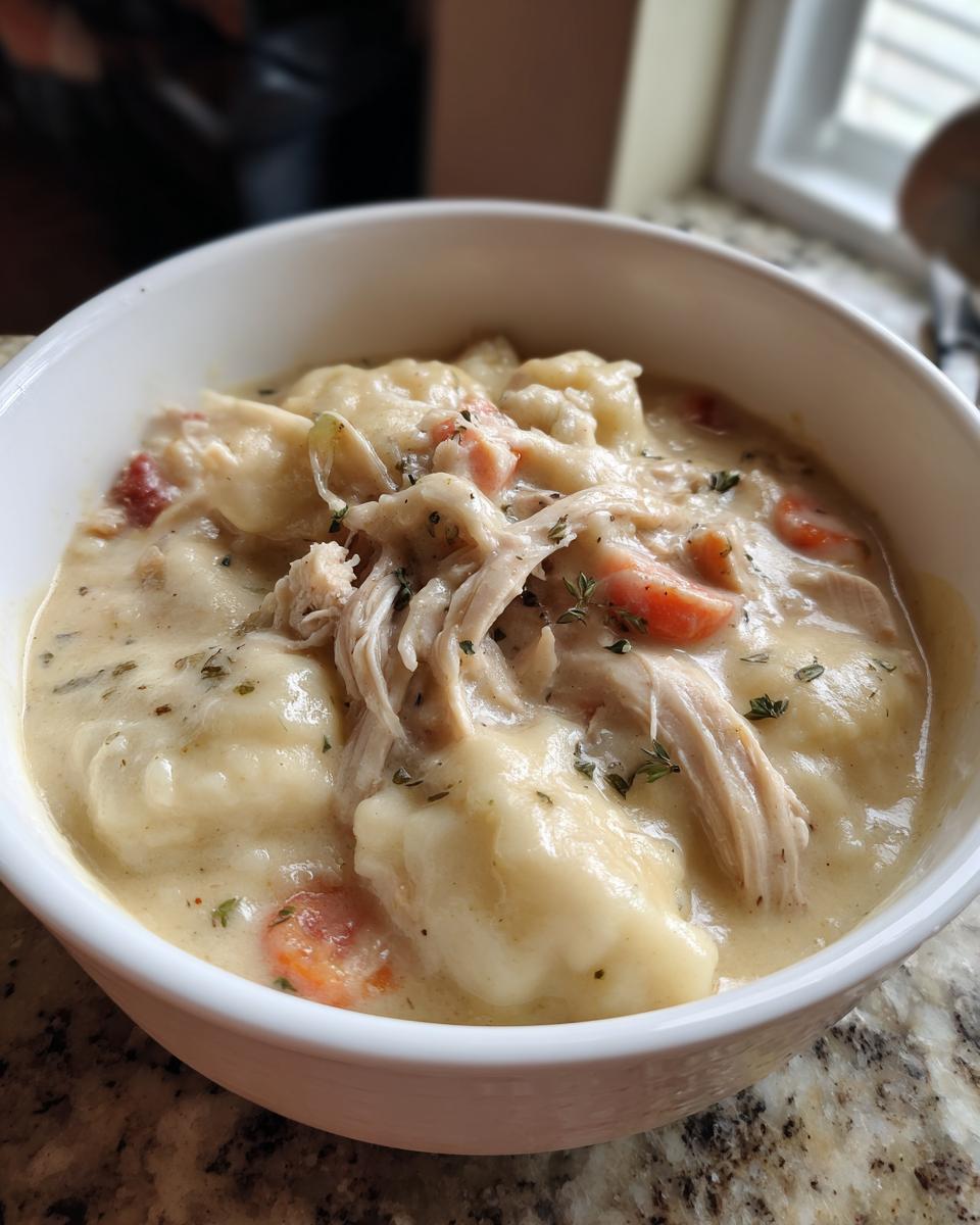 A close-up of a white bowl filled with creamy chicken and dumplings, featuring shredded chicken and visible carrots, garnished with herbs.