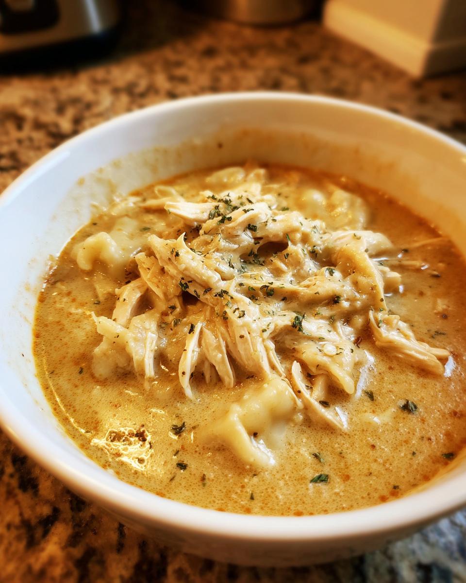 Close-up of a white bowl filled with creamy chicken and dumplings, topped with shredded chicken and herbs.