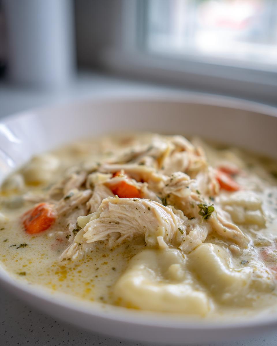 A close-up, appetizing shot of creamy chicken and dumplings topped with shredded chicken and carrots.