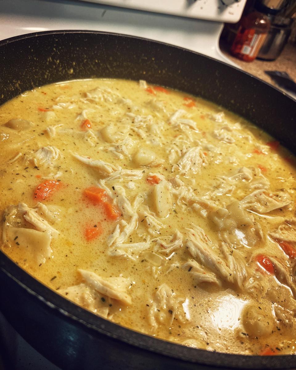 Close-up of creamy, rich chicken and dumplings simmering in a dark pot, featuring shredded chicken and carrots.