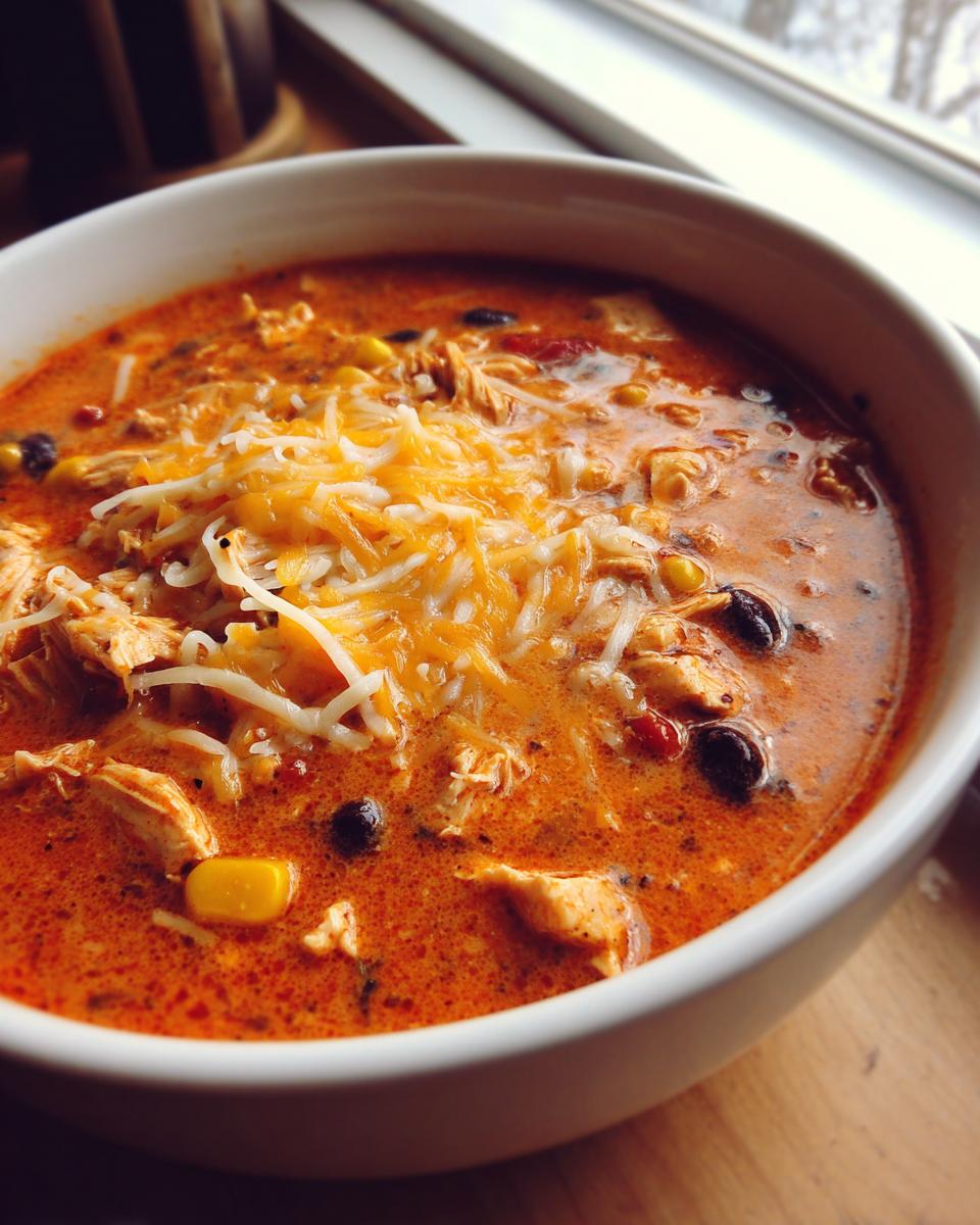 Close-up of a bowl of creamy chicken enchilada soup topped with shredded cheddar and Monterey Jack cheese.