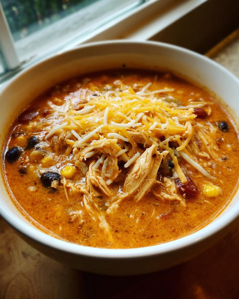 Close-up of a white bowl filled with creamy chicken enchilada soup, topped with shredded chicken and mixed cheese.