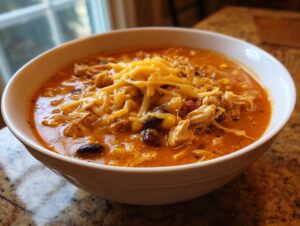 A close-up of a white bowl filled with creamy chicken enchilada soup, topped generously with shredded cheddar cheese.