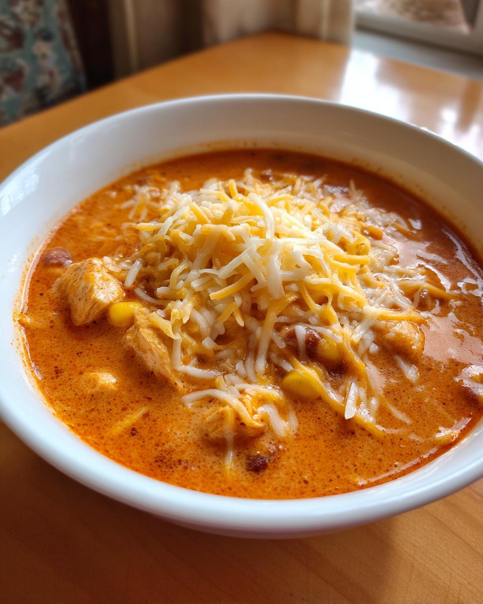 A close-up of a white bowl filled with rich, orange creamy chicken enchilada soup, topped generously with shredded cheese.