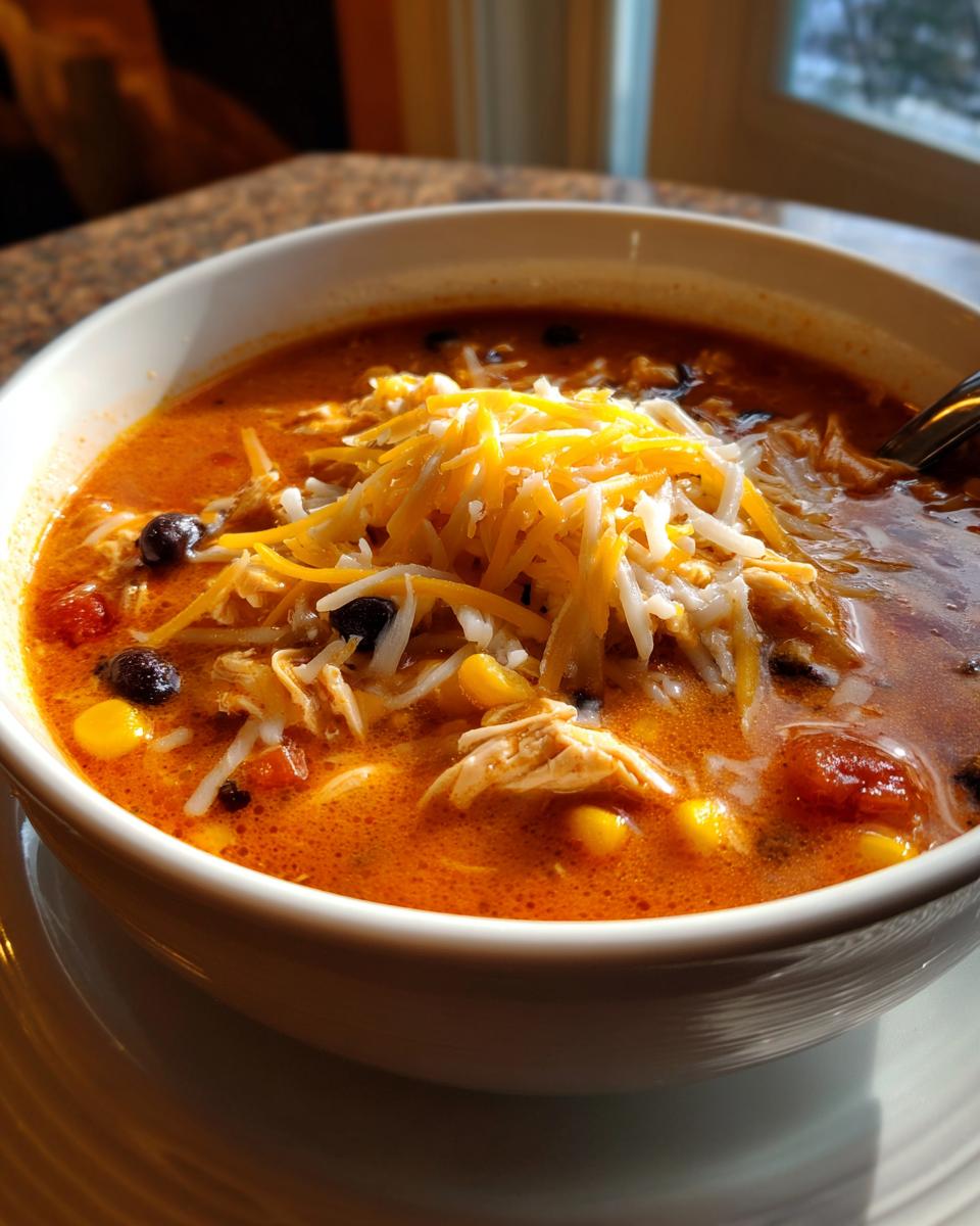 Close-up of a bowl of creamy chicken enchilada soup topped generously with shredded cheddar and Monterey Jack cheese.