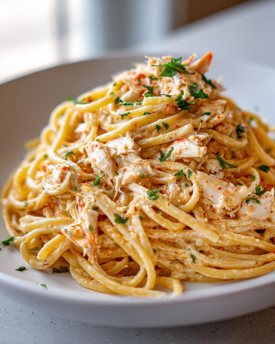 A close-up of a generous serving of creamy crab pasta tossed in a rich sauce and topped with flaked crab meat and parsley.