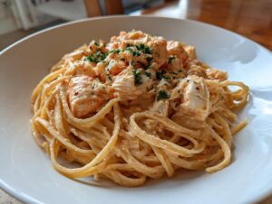 A close-up of a serving of creamy crab pasta tossed with linguine and topped with fresh parsley.