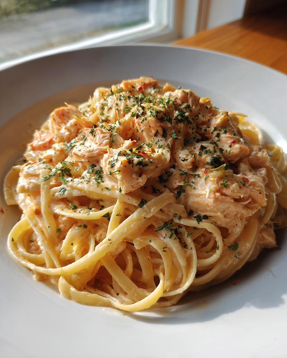 A close-up of creamy crab pasta made with fettuccine, topped with shredded crab meat and fresh parsley.