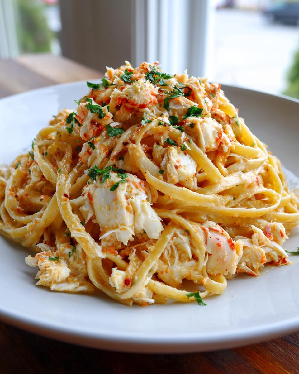 A close-up of creamy crab pasta tossed with linguine and topped generously with flaked crab meat and chopped parsley.