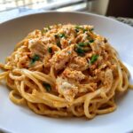 Close-up of a white bowl filled with creamy crab pasta, topped generously with flaked crab meat and fresh parsley.