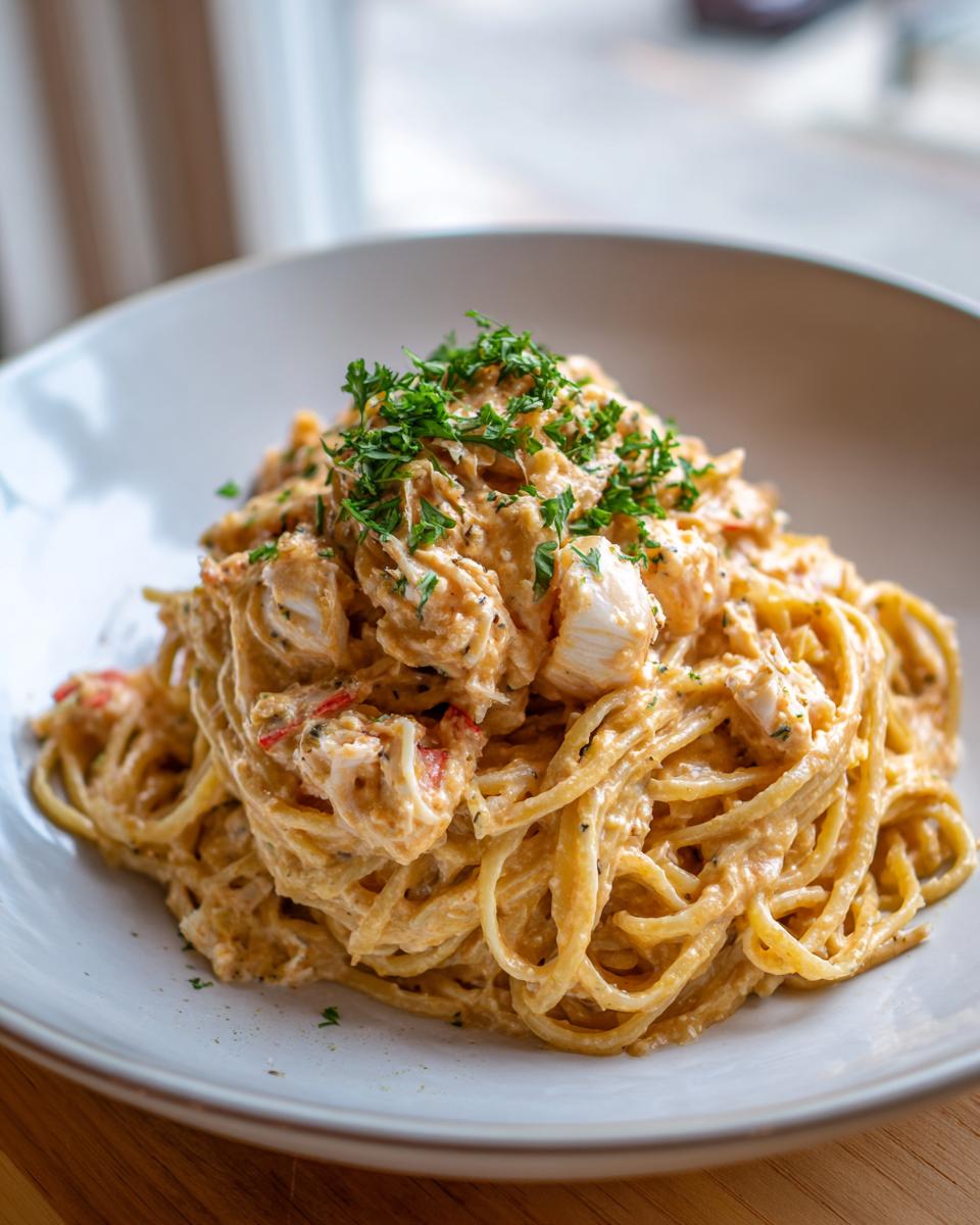 A close-up of creamy crab pasta tossed in a rich sauce and topped with fresh chopped parsley.